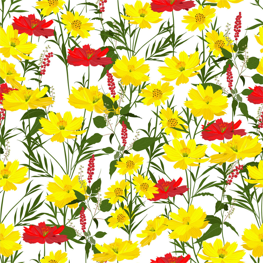 Flores do prado plantas e flores padrão sem costura em design vetorial para moda, tecido, papel de parede, envolvimento e todas as impressões na cor de fundo branco
 - Vetor, Imagem