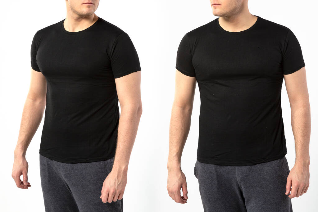 a man in a black t-shirt on a white background, a t-shirt with a place for writing, copy space - Photo, Image