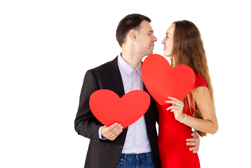 Isolated with clipping path. Portrait of romantic couple standing together. - Photo, Image
