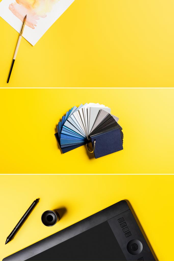 Tablet çizim kolajı, stil, renkli palet ve boya fırçasının yanında sarı boya.  - Fotoğraf, Görsel