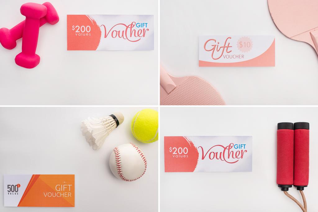 Collage of sport equipment near gift vouchers on white background - Photo, Image