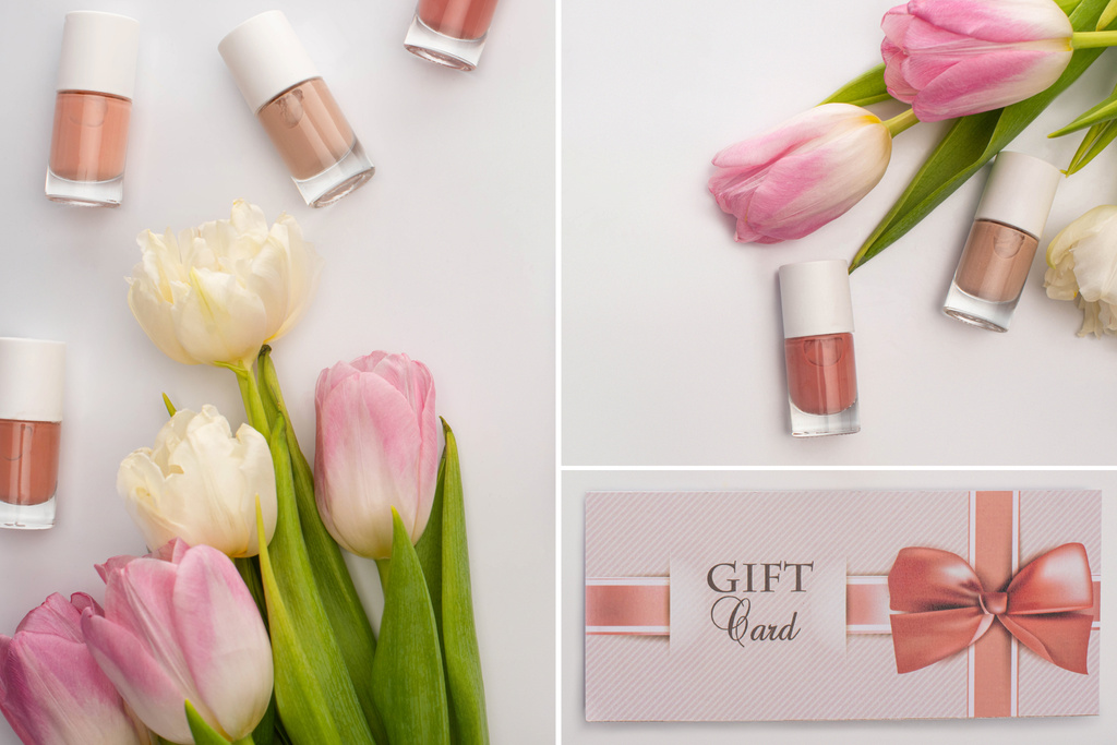 Collage de vernis à ongles près des tulipes et carte cadeau sur fond blanc - Photo, image