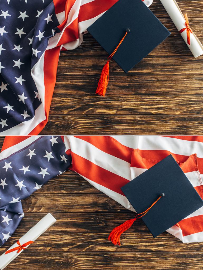 Diploma kolajı ve Amerikan bayraklarının yanında ahşap yüzey üzerinde yıldız ve çizgili mezuniyet şapkaları.  - Fotoğraf, Görsel