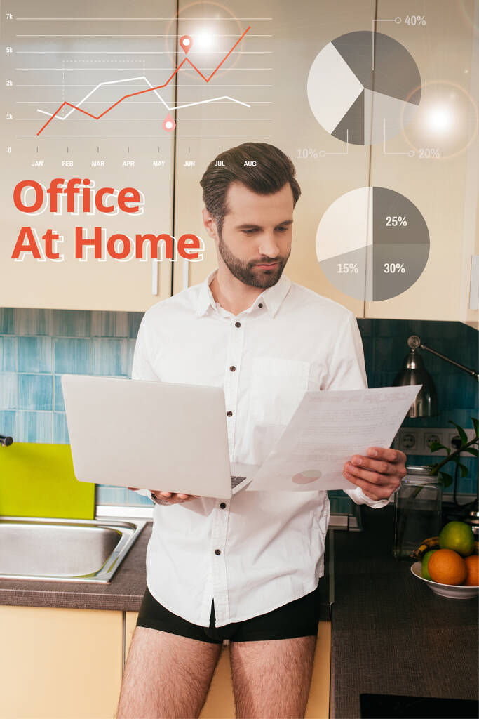 Jóképű férfi ing és bugyi dolgozik dokumentum, miközben tartja laptop a konyhában, iroda otthon illusztráció - Fotó, kép
