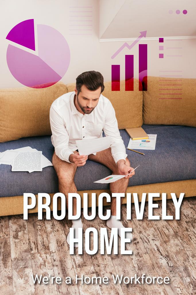 Freelancer em calcinha e camisa olhando para documentos com gráficos no sofá, ilustração produtivamente home
 - Foto, Imagem