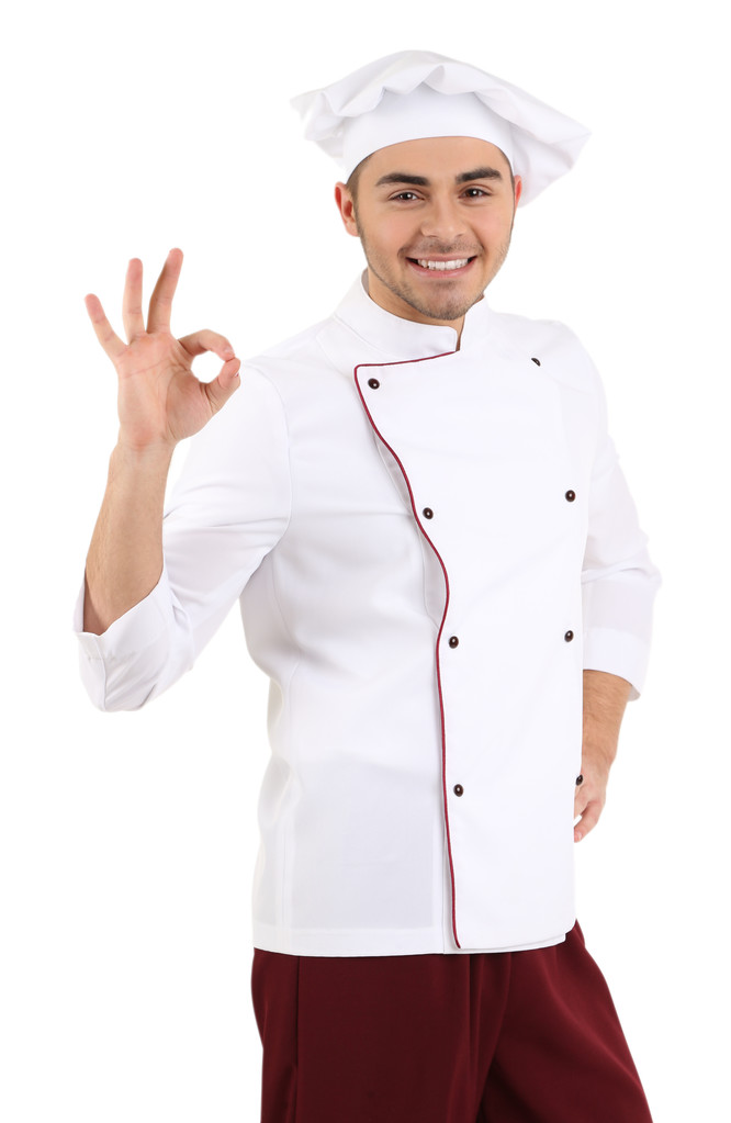 Chef profissional em uniforme branco e chapéu, isolado em branco
 - Foto, Imagem