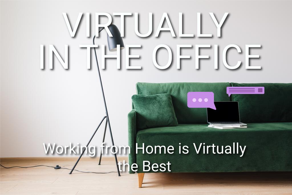 laptop s prázdnou obrazovkou na zelené pohovce v blízkosti podlahové lampy a prakticky v kanceláři, práce z domova je prakticky nejlepší písmo - Fotografie, Obrázek