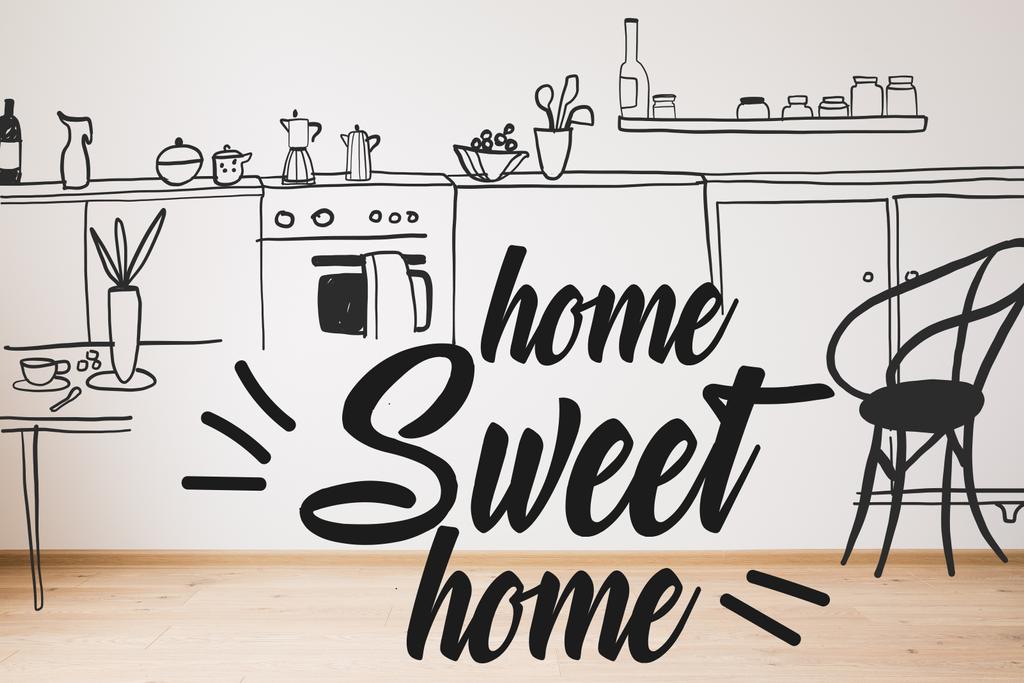 home sweet home Schriftzug in der Nähe gezeichnet Sofa, Sessel und Pflanze in der Nähe Küche Illustration  - Foto, Bild