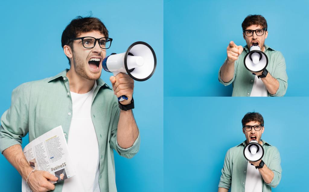 collage de hombre enojado sosteniendo periódico y gritando en megáfono sobre azul
 - Foto, Imagen