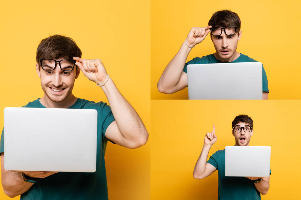 collage of emotional young man using laptop and showing idea gesture on yellow - Photo, Image
