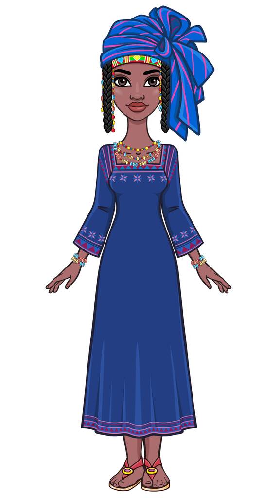 Анімаційний портрет молодої африканки в блакитному смугастому тюрбані та етнічних ювелірних виробах. Повний ріст. Тарілка для використання. Візуальне зображення на білому тлі. - Вектор, зображення