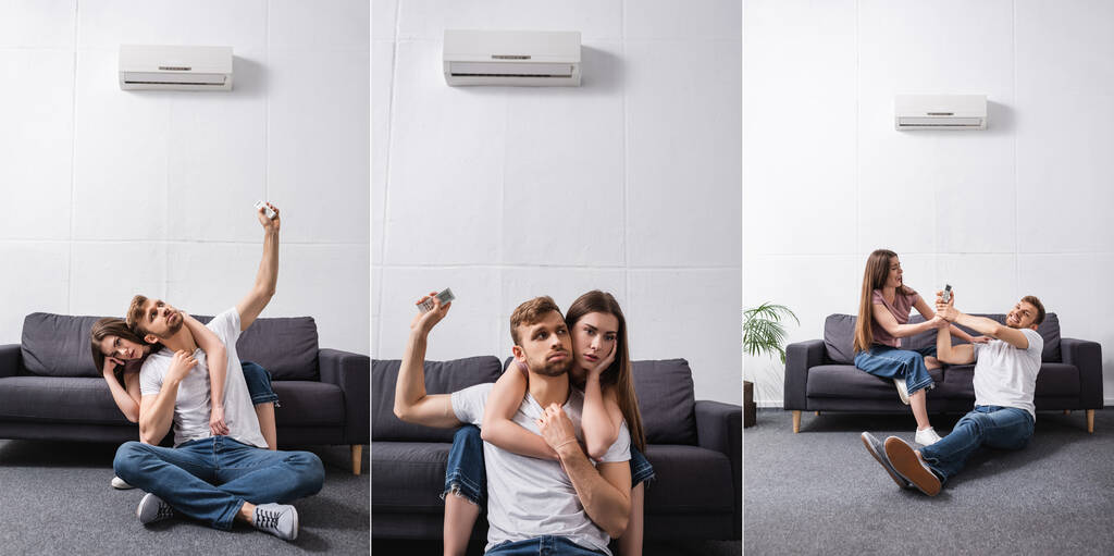 kollaasi surullinen pari istuu kotona rikki ilmastointilaite, horisontaalinen käsite - Valokuva, kuva
