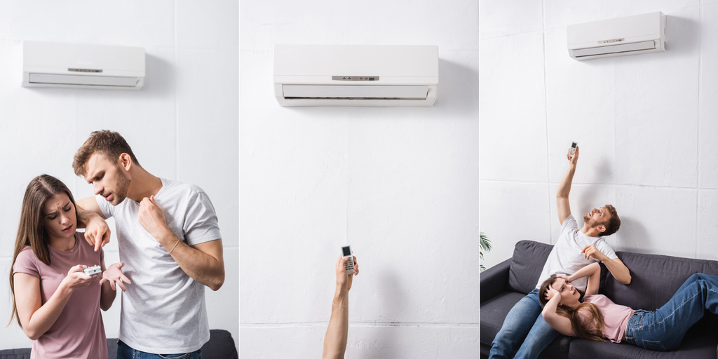 collage con pareja frustrada que sufre de calor mientras está sentado en casa con el aire acondicionado roto, concepto panorámico
 - Foto, Imagen
