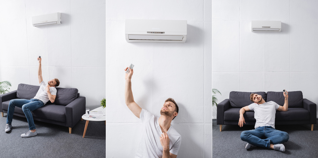 Collage mit verwirrtem Mann, der Fernbedienung in der Hand hält und mit defekter Klimaanlage zu Hause unter Hitze leidet, Website-Header - Foto, Bild