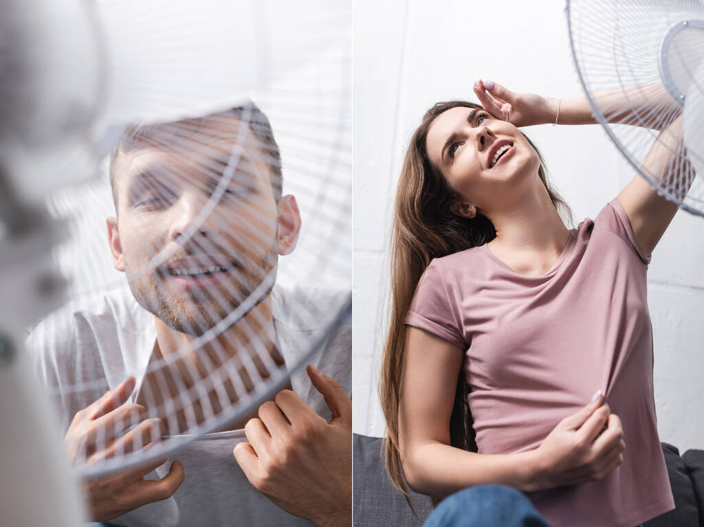collage con felice giovane coppia con ventilatore elettrico a casa durante il caldo estivo - Foto, immagini