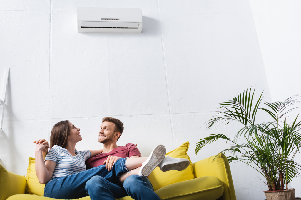 glückliches junges Paar, das sich zu Hause mit Klimaanlage umarmt - Foto, Bild