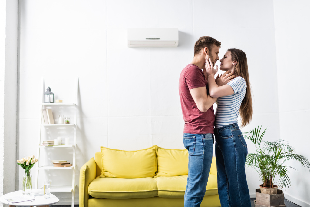 happy couple hugging and going to kiss at home with air conditioner - Photo, Image