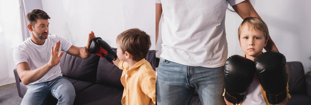 collage de père touchant épaule de fils portant des gants de boxe et se battant avec lui sur le canapé, image horizontale - Photo, image
