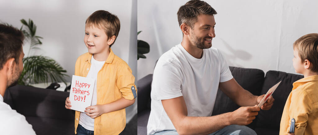 Collage eines entzückenden Jungen, der seinem Vater eine Glückwunschkarte zum Vatertag überreicht - Foto, Bild
