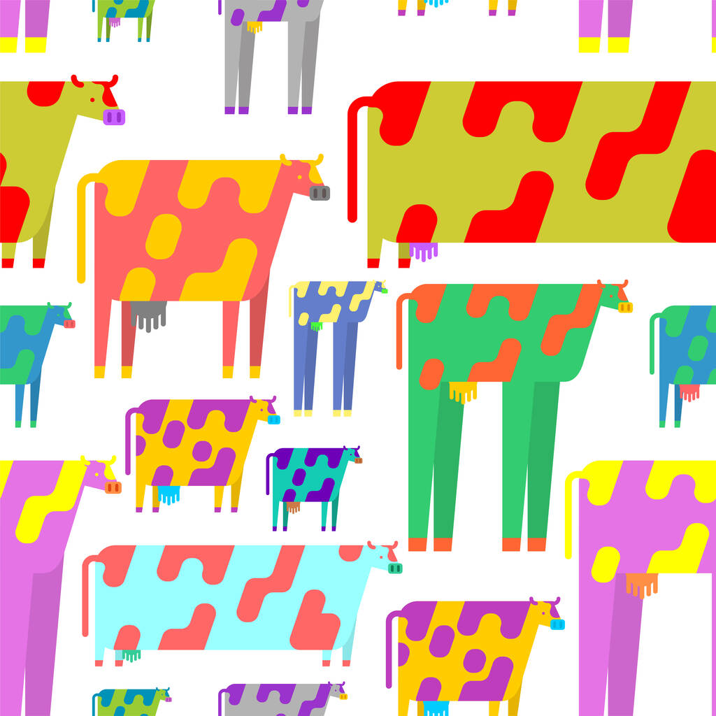 Modello di mucca cartone animato colorato senza soluzione di continuità. Sfondo di manzo animale multicolore. Tessuto bambino texture
 - Vettoriali, immagini