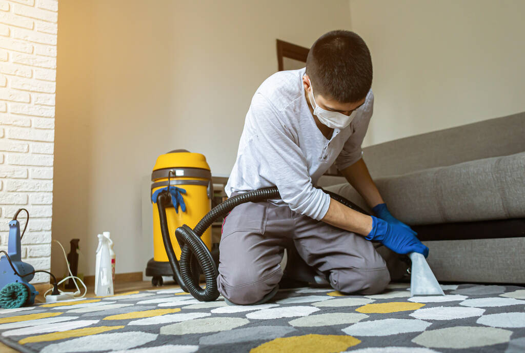 pralnia chemiczna człowiek pracownik usuwając brud z dywanu, odkurzacz czyste z profesjonalnego sprzętu. - Zdjęcie, obraz
