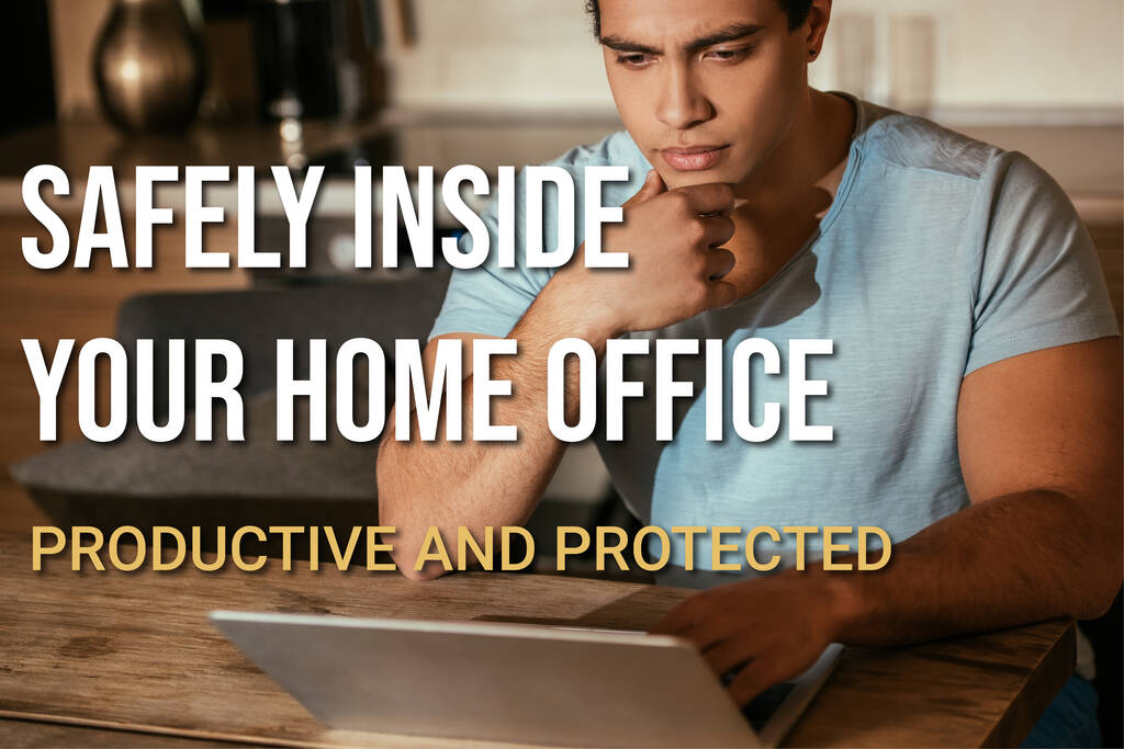 thoughtful mixed race freelancer looking at laptop near safely inside your home office, productive and protected lettering - Photo, Image