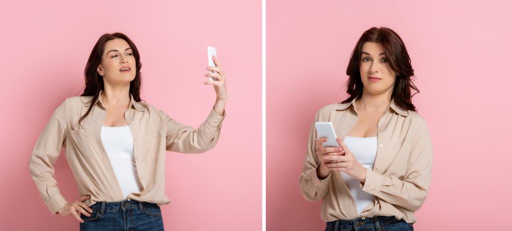 Colagem de mulher sorrindo e confuso tomando selfie e usando smartphone no fundo rosa
 - Foto, Imagem