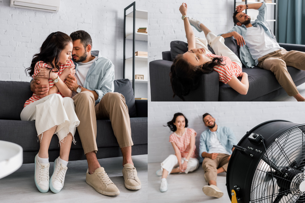 Collage van jonge echtparen die last hebben van hitte en het koud hebben in de woonkamer - Foto, afbeelding