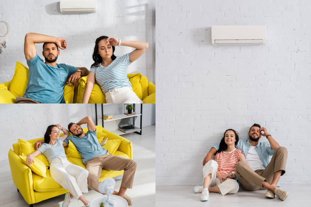 Colagem de jovem casal sofrendo de calor e sorrindo no chão sob ar condicionado e ventilador elétrico em casa
 - Foto, Imagem