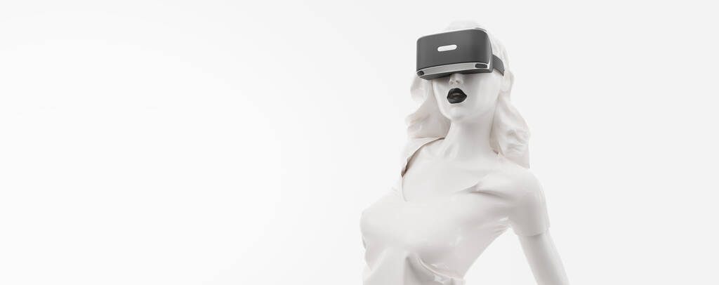 VR гарнитура, интернет-магазины. 3D рендеринг женщины в очках виртуальной реальности на белом фоне. Женщина покупает товар одним щелчком мыши. Вы также найдете для этого образа в моем портфолио
 - Фото, изображение