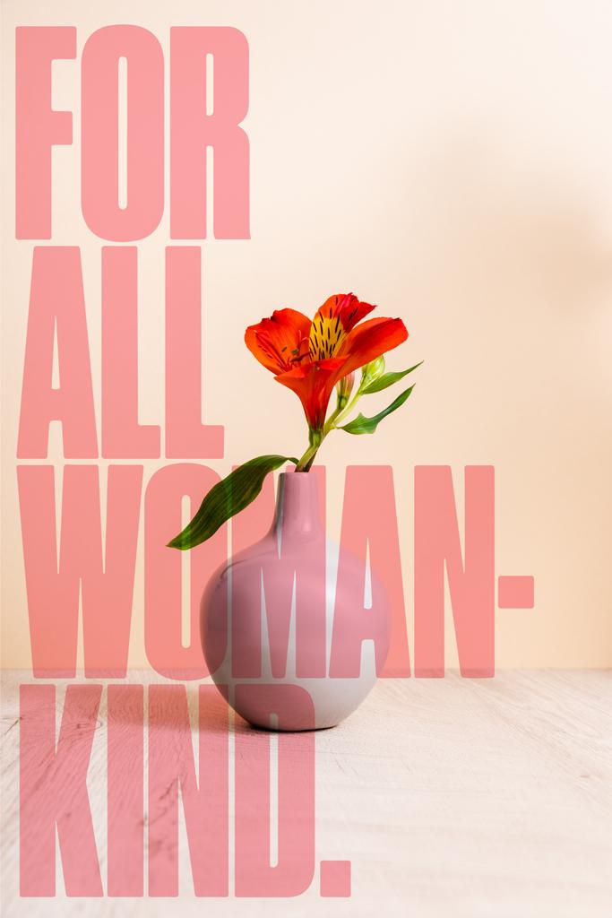 Alstroemeria em vaso perto de todas as letras femininas em bege
 - Foto, Imagem