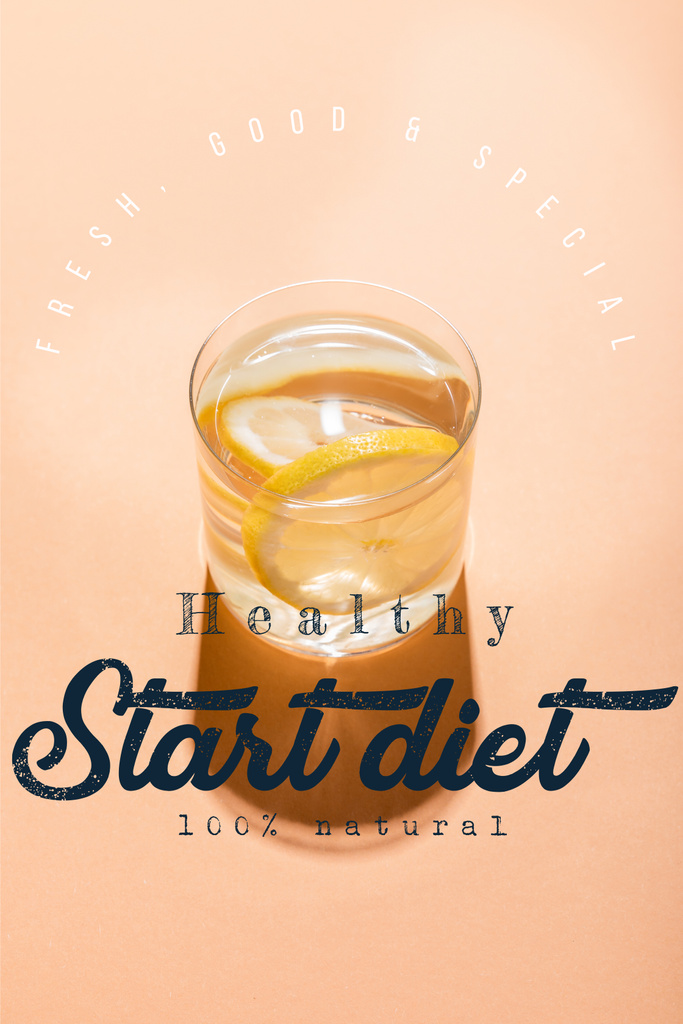 glass of fresh water with lemon slices on beige with fresh, good and special, healthy start diet 100 percents natural lettering  - Photo, Image