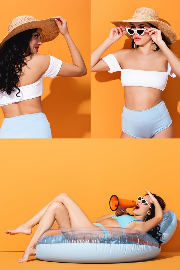 collage de chica en traje de baño tocando gafas de sol y sombrero de paja mientras grita en megáfono y acostado en colchón inflable en naranja
 - Foto, Imagen
