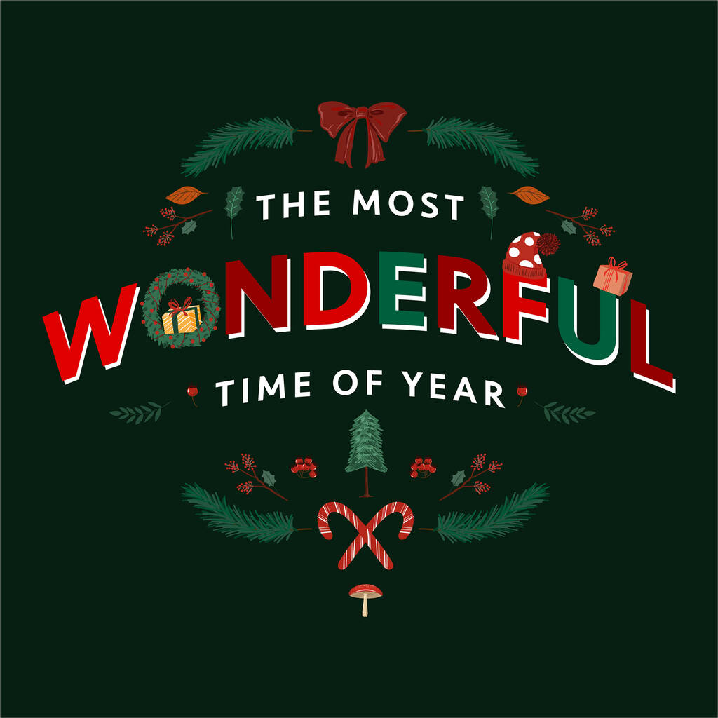 Vektor vánočního prvku se zněním THE MOST WONDERFUL TIME OF THE YEAR Design pro všechny grafiky použité na tmavozeleném pozadí  - Vektor, obrázek