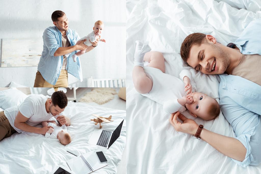 Collage eines glücklichen Vaters, der einen kleinen Jungen hält und mit ihm in der Nähe von Geräten im Schlafzimmer liegt - Foto, Bild