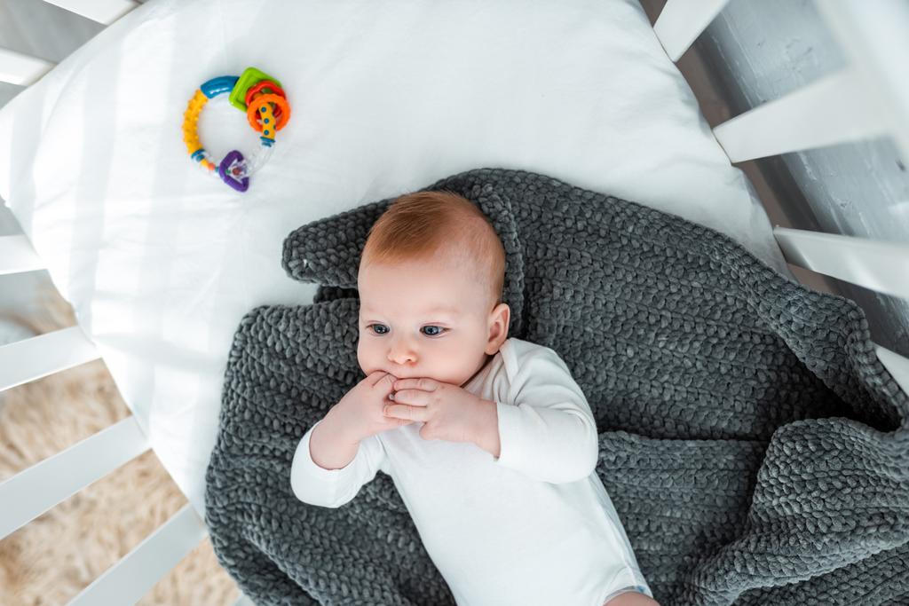 top view of adorable baby boy lying in baby cot on blanket with hands near mouth - Photo, Image