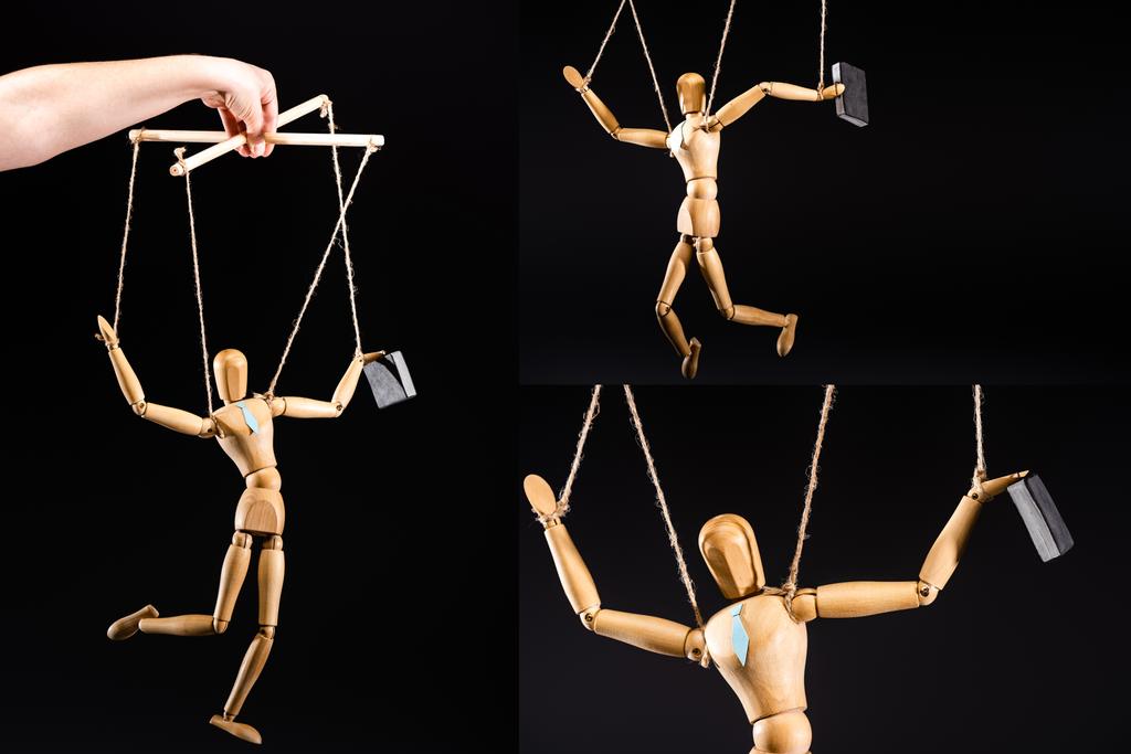 cropped view of puppeteer and wooden marionette in tie isolated on black, collage - Photo, Image