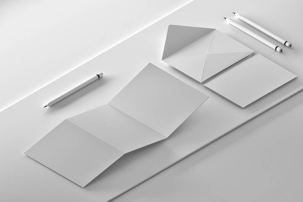 Isometric composition with trifold leaflet, opened envelope, message card and pencils on white background. 3d illustration. - Photo, Image