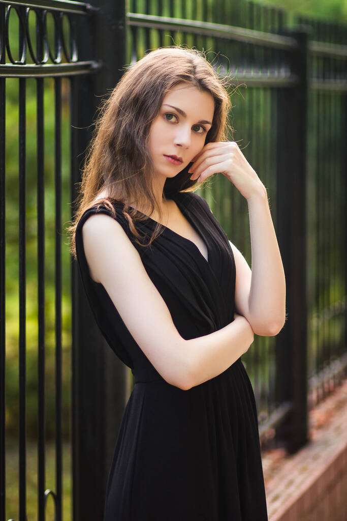 jeune, belle femme en robe noire, photo à la mode en plein air sur un fond de clôture en acier, soirée d'été. Modèle à peau propre. - Photo, image