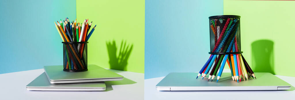 ceruzatartó kollázs színes ceruzákkal modern laptopokon kék, zöld és fehér háttéren, panoráma felvétel - Fotó, kép