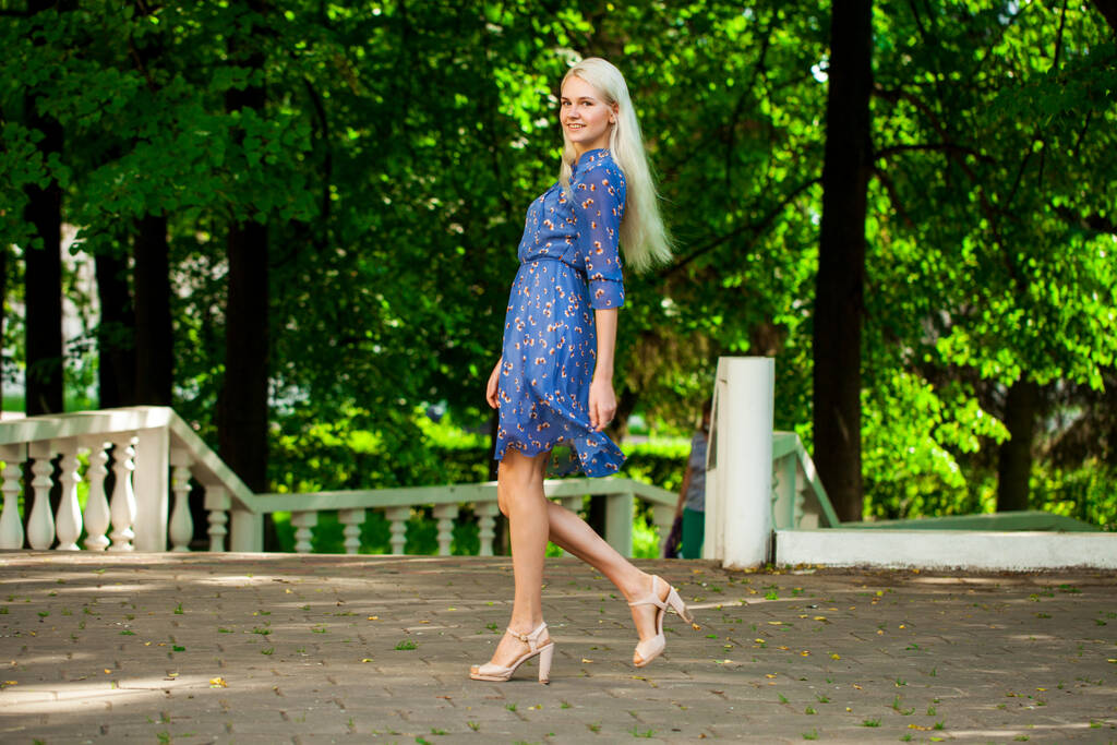 Muotokuva nuori kaunis blondi tyttö sinisissä kukissa mekko kävely kesäpuistossa - Valokuva, kuva