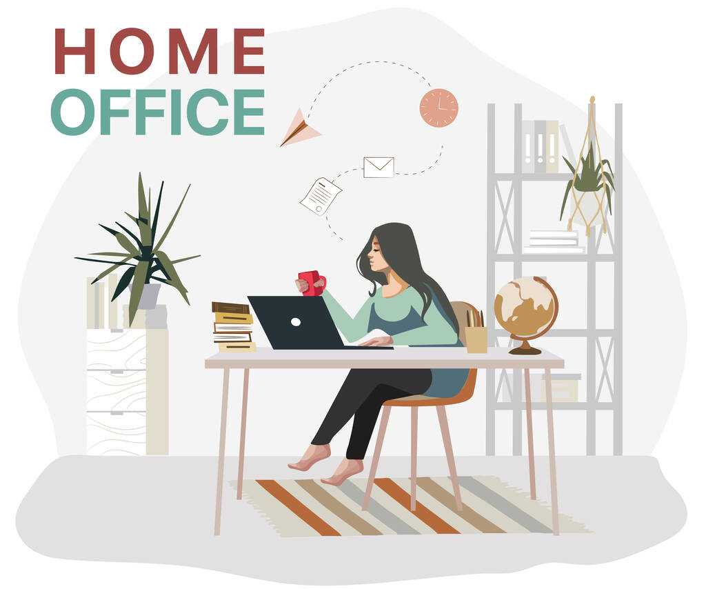 Chica trabajando en casa, mientras que la enfermedad por Coronavirus, concepto de oficina en casa, ilustración de vectores
 - Vector, imagen