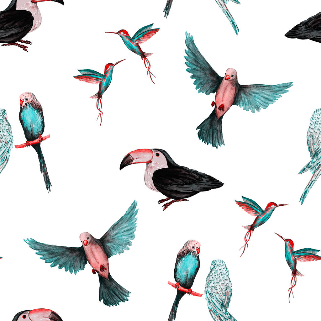 Aquarelle motif sans couture avec oiseau (perroquets, toucans, colibris). Fond d'écran exotique jungle oiseau. Grande conception pour tous les usages. Impression estivale lumineuse. - Photo, image