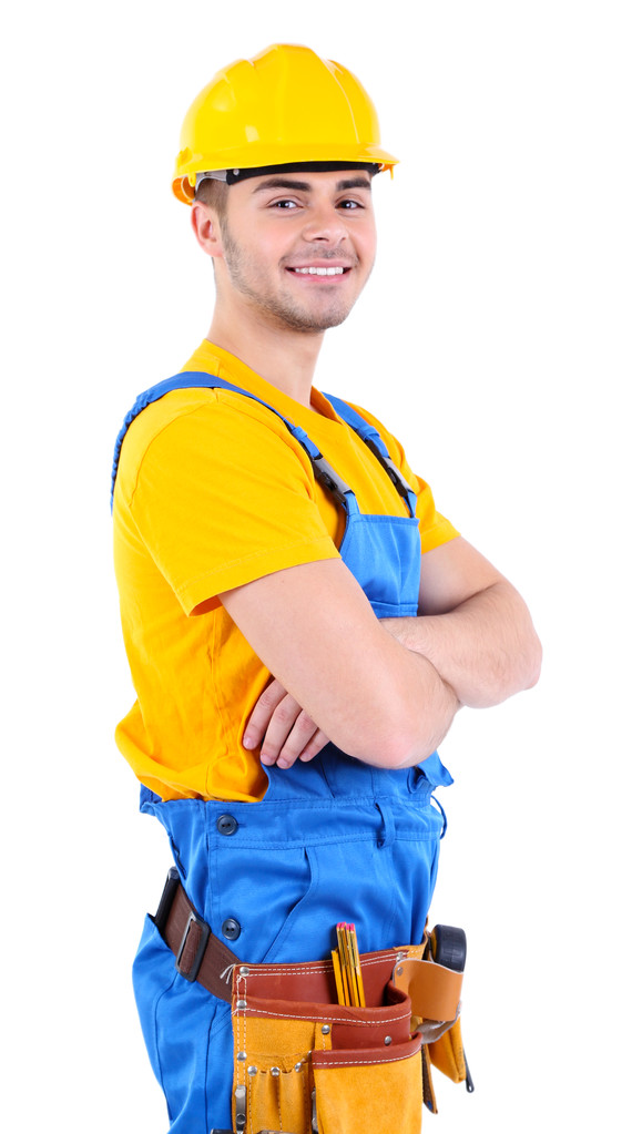 Constructor masculino en casco amarillo aislado en blanco
 - Foto, imagen