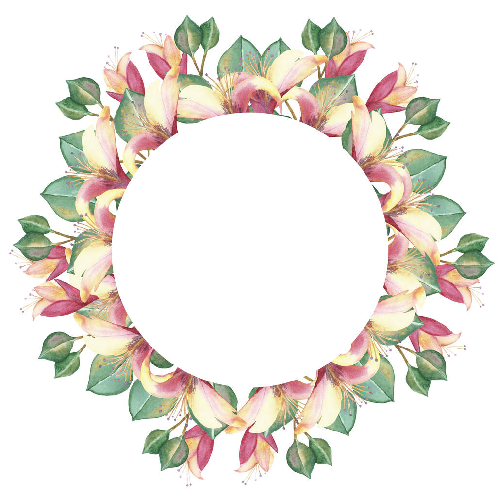 Marco de círculo floral de naturaleza pintada a mano de acuarela con hojas de eucalipto verde en rama, flores de flor de madreselva rosa y composición de brotes para invitación y tarjeta de felicitación con el espacio para el texto
 - Foto, imagen