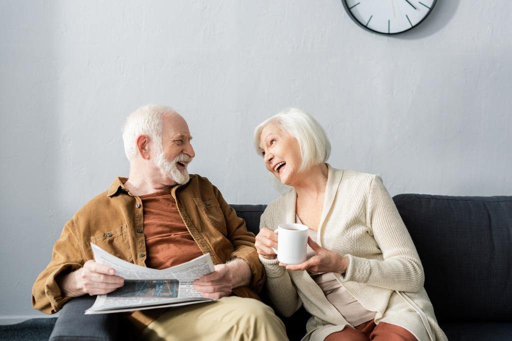 Mutlu yaşlı çift evde koltukta otururken konuşuyor. - Fotoğraf, Görsel