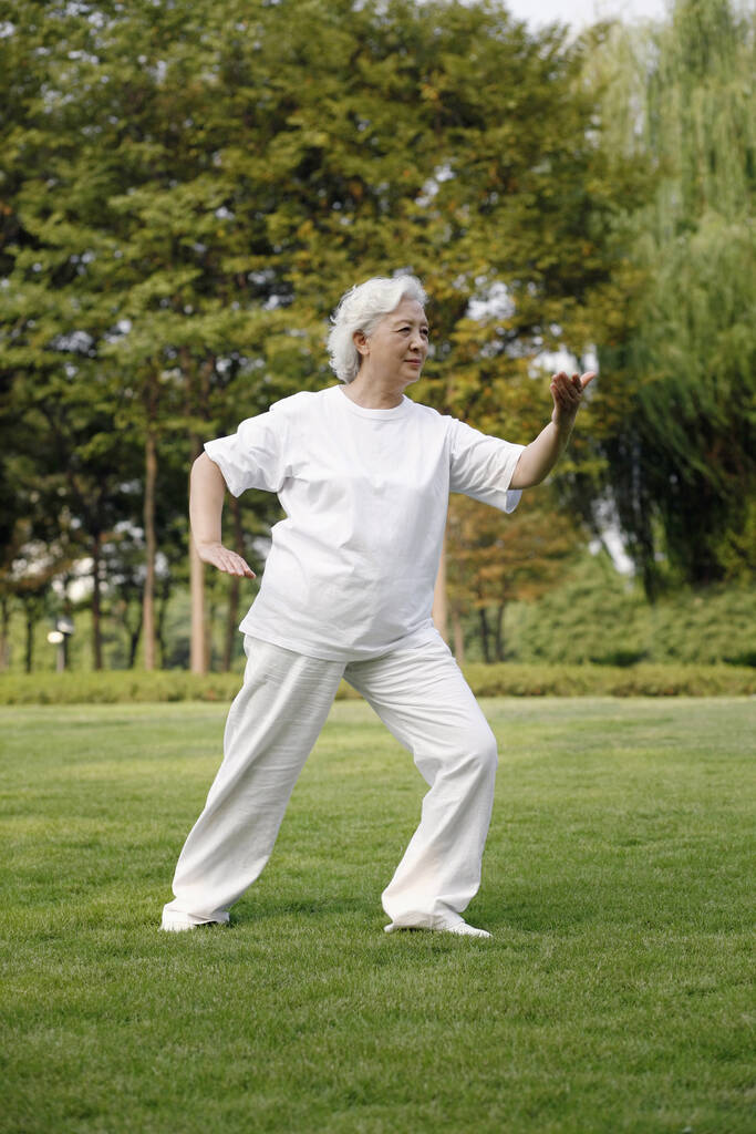 Senior mulher praticando tai chi no parque
 - Foto, Imagem