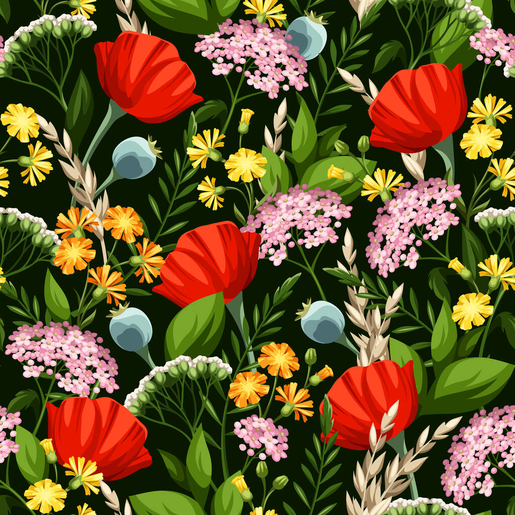 Patrón floral con flores silvestres de colores brillantes sobre un fondo verde oscuro
. - Vector, imagen