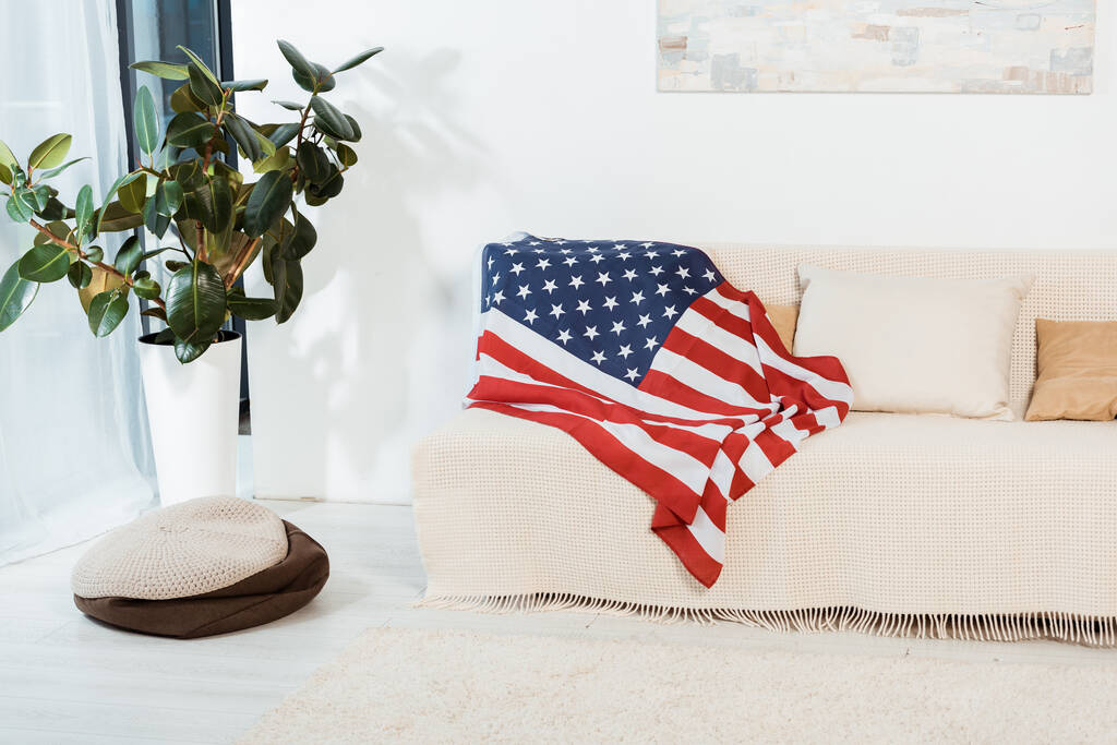 リビングルームでソファの上のアメリカ国旗 - 写真・画像
