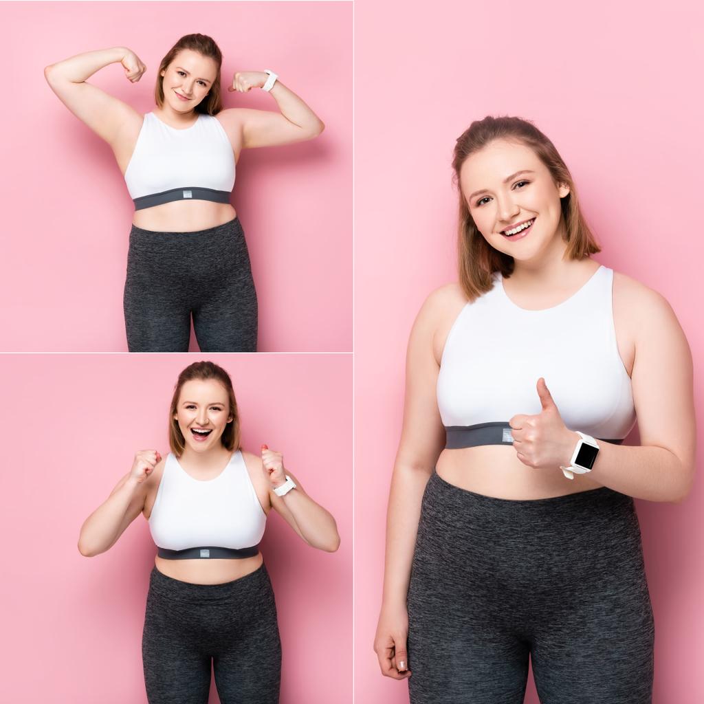collage of emotional overweight girl showing winner gesture, thumb up, and demonstrating biceps on pink - Photo, Image